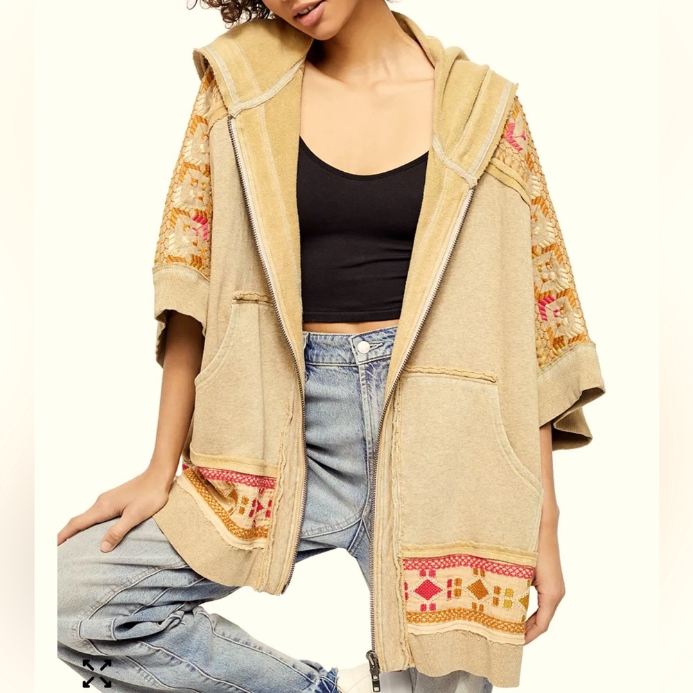 Free People Wildside Boho Hooded Cardigan Poncho with Pockets EUC G000